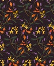 Seamless floral pattern, abstract botanical print with wild flowers, branches, leaves with vintage motif. Vector. Royalty Free Stock Photo