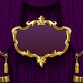 Dark violet curtain with suspended gold decorative baroque frame