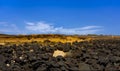 Dark volcanic rocks contrast against bright orange sands