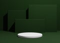 Dark, warm green, 3D render of a simple, minimal product display composition backdrop with one podium or stand and geometric