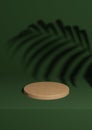 Dark, warm green 3D rendering simple, minimal wooden product podium background with palm leaf shadow