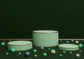 Dark, warm green 3D rendering of three podium stands product display with golden lines and colorful marbles for product