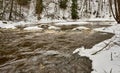 Dark water flowing fast in spring time in river in the creek