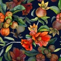 Dark watercolor seamless pattern pomegranate branches, red flowers, leaves on blue for Rosh Hashanah greetings, fabrics Royalty Free Stock Photo