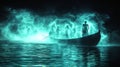 On dark waters of River Styx Charon ferries ghostly figures final judgment. Hollow eyes reflect sorrow as they drift Royalty Free Stock Photo