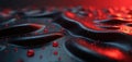 Dark wavy surface with red droplets. Smooth undulating waves reflect red light creating abstract background. Liquid textures with Royalty Free Stock Photo