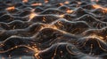 Dark wavy texture with golden lines, lights, and sparkling particles. Vibrating field of energy. Dynamic, flowing, smooth abstract