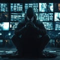 Dark Web Surveillance, a mysterious deep web concept with an anonymous masked figure observing encrypted messages on dark-themed Royalty Free Stock Photo