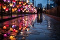 A dark wet city street with vibrant and colorful big heart decorations and couples walking. Valentine time. Love. copy