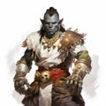 Dark White And Bronze Portrait Of Rahaan, A Powerful Half-orc Shaman