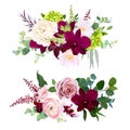 Dark and white orchid, garden dusty rose, ranunculus, pink camellia, green hydrangea