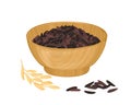 Dark wild rice heap in wooden bowl isolated on white background. Vector cartoon illustration of rice seed.