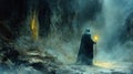 Dark Wizard Exploring Mystical Cave with Torchlight Generative AI Royalty Free Stock Photo