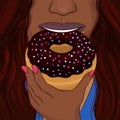 Dark woman eat donut with chocolate glaze hand drawing portrait