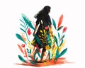 Dark woman silhouette lost in flowers and plants. Concept illustration of midlife crisis, distress, self exploring path.