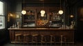 Dark Wood Bar Interior with Empty Stools and Glassware Royalty Free Stock Photo