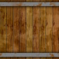 Dark wood barrel deck board seamless background with nine planks and two rusty metal hoops Royalty Free Stock Photo