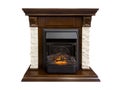 Dark wood burning fireplace isolated on white background. Stone burning fireplace.Luxury artificial electronic fireplace with