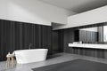 Dark wood and white bathroom corner, tub and sink Royalty Free Stock Photo