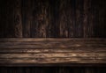 Dark wooden table for product, old black wooden perspective interior