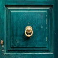 Dark wooden door panel with door knocker. Royalty Free Stock Photo