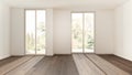 Dark wooden empty room interior design, open space with parquet floor, panoramic windows, white walls, modern contemporary Royalty Free Stock Photo