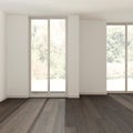 Dark wooden empty room interior design, open space with parquet floor, panoramic windows, white walls, modern contemporary Royalty Free Stock Photo