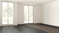 Dark wooden empty room interior design, open space with parquet floor, panoramic windows, white walls, modern contemporary Royalty Free Stock Photo