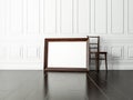 Dark Wooden horizontal Frame Mockup standing on the floor with chair in empty modern interior