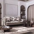 Dark wooden living room in white and beige tones with parquet floor. Fabric sofa, capet, coffee tables and curtains. Japandi