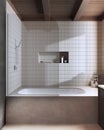 Dark wooden and marble japandi bathroom in beige tones. Bathtub with tiles. Farmhouse minimalist interior design