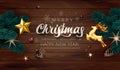 Dark Wooden poster illustration Background with vector 3d Realistic Christmas Tree Branches, Fir Cones, Gold Stars and Royalty Free Stock Photo