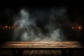 Dark wooden table, ethereal smoke, space for personalized decoration