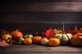 Halloween or Thanksgiving decor on dark wooden background. Generative AI