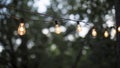 String of patio lights glowing warmly at dusk as the woods grow dark
