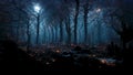 Dark woods halloween background forest at night with blue moonlight shining through the trees and tiny amber fireflies. Royalty Free Stock Photo