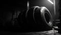 Dark workshop, heavy machinery, shiny steel, tire stack, auto industry generated by AI Royalty Free Stock Photo