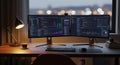 A dark workspace features dual monitors displaying intricate code and data visualizations, creating a tech-focused atmosphere Royalty Free Stock Photo