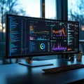 Dark Workspace with Large Curved Monitor Displaying Data Visualizations and Code Royalty Free Stock Photo