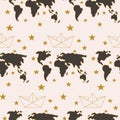 Dark world map, golden paper boats and stars, in a seamless pattern design