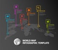 Dark World map infographic template with thin line square pointer marks
