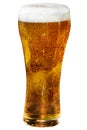 Dark yellow beer with white high foam in a glass tall glass.