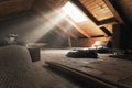 Darken attic with light rays at window