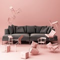 Darkgrey sofa surrounding by a lot of pastel pink little chair.