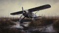 Darkly Detailed Oil Painting Of A Float Plane In A Marsh