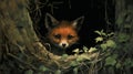 Darkly Detailed Portrait Of A Red Fox In A Tree Hollow