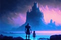 In the darkness, a father and daughter behold mysterious fortresses outlined against a glowing world. Fantasy concept ,