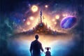 In the darkness, a father and daughter behold mysterious fortresses outlined against a glowing world. Fantasy concept ,