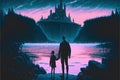 In the darkness, a father and daughter behold mysterious fortresses outlined against a glowing world. Fantasy concept ,