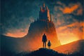 In the darkness, a father and his child behold mysterious castles silhouetted against a brilliant planet. Fantasy concept ,